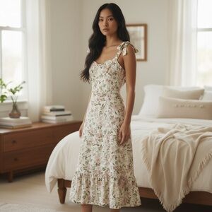 O.P.T. L Cream Floral Midi Dress Coquette Cottagecore Wedding Guest Garden Party